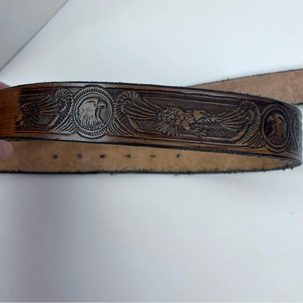 Men's Genuine Leather Hand Tooled & Embossed Eagle Themed Brown Belt Size 42